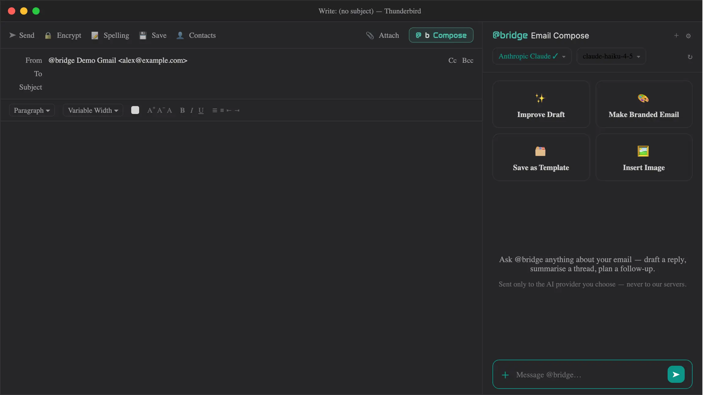 atbridge in Thunderbird: OpenAI turns a rough email draft into a polished message in one click, then switches to a local model (Ollama) for ideas.