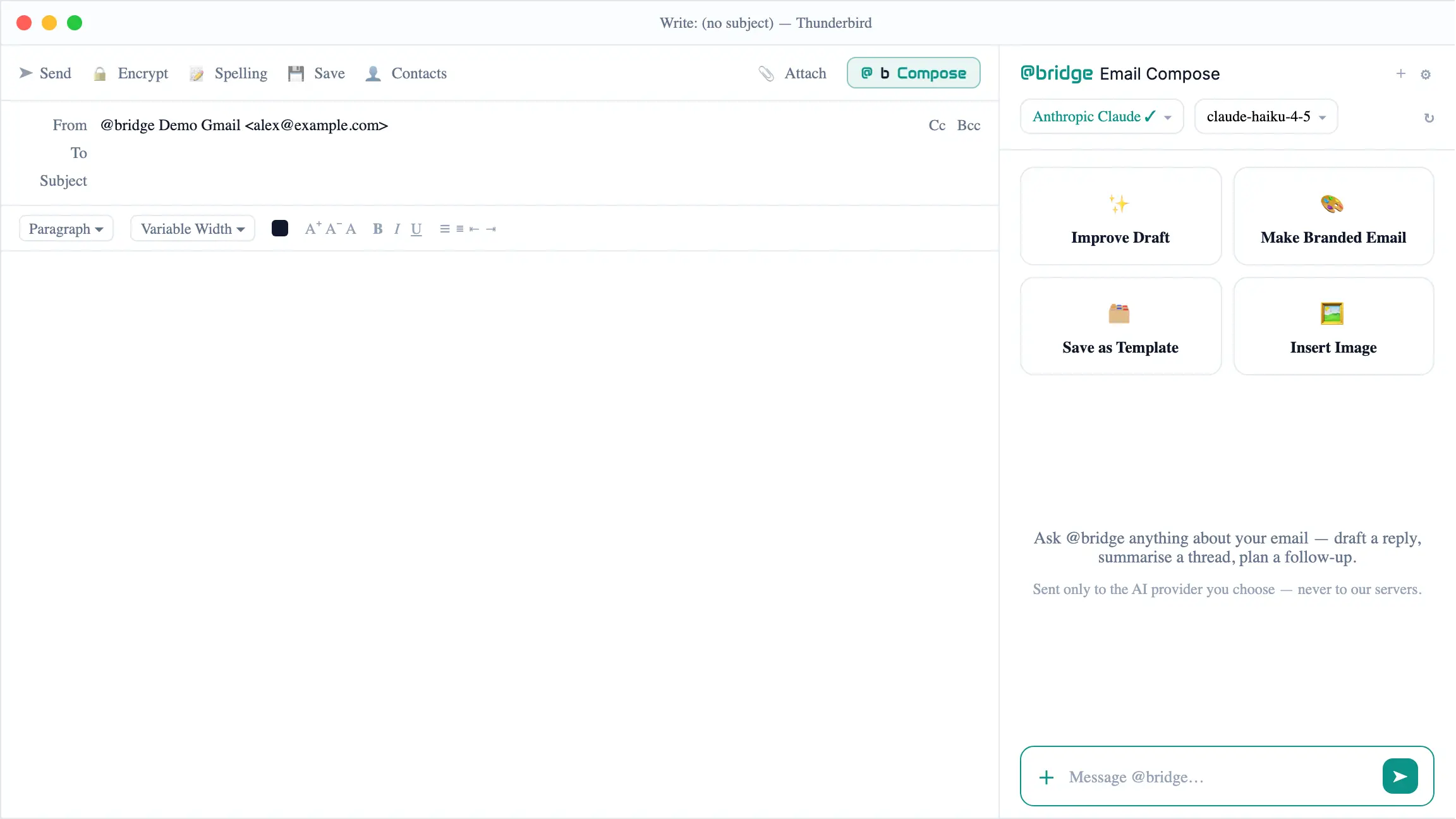 atbridge in Thunderbird: OpenAI turns a rough email draft into a polished message in one click, then switches to a local model (Ollama) for ideas.