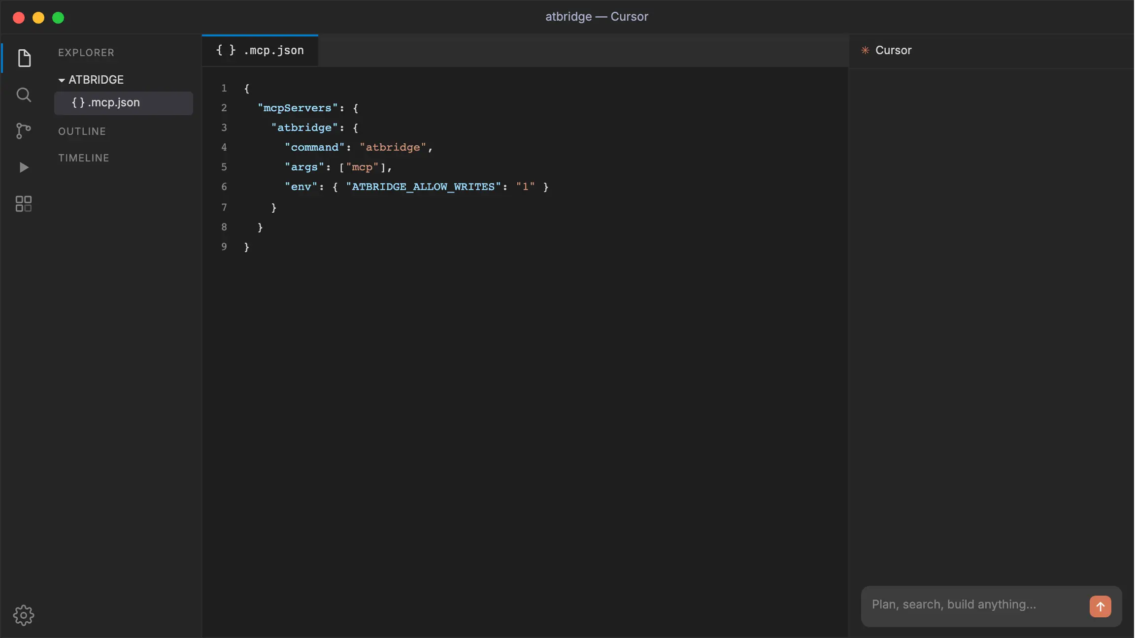 atbridge in Cursor (MCP): the assistant composes a branded progress-report email and opens it in Thunderbird.