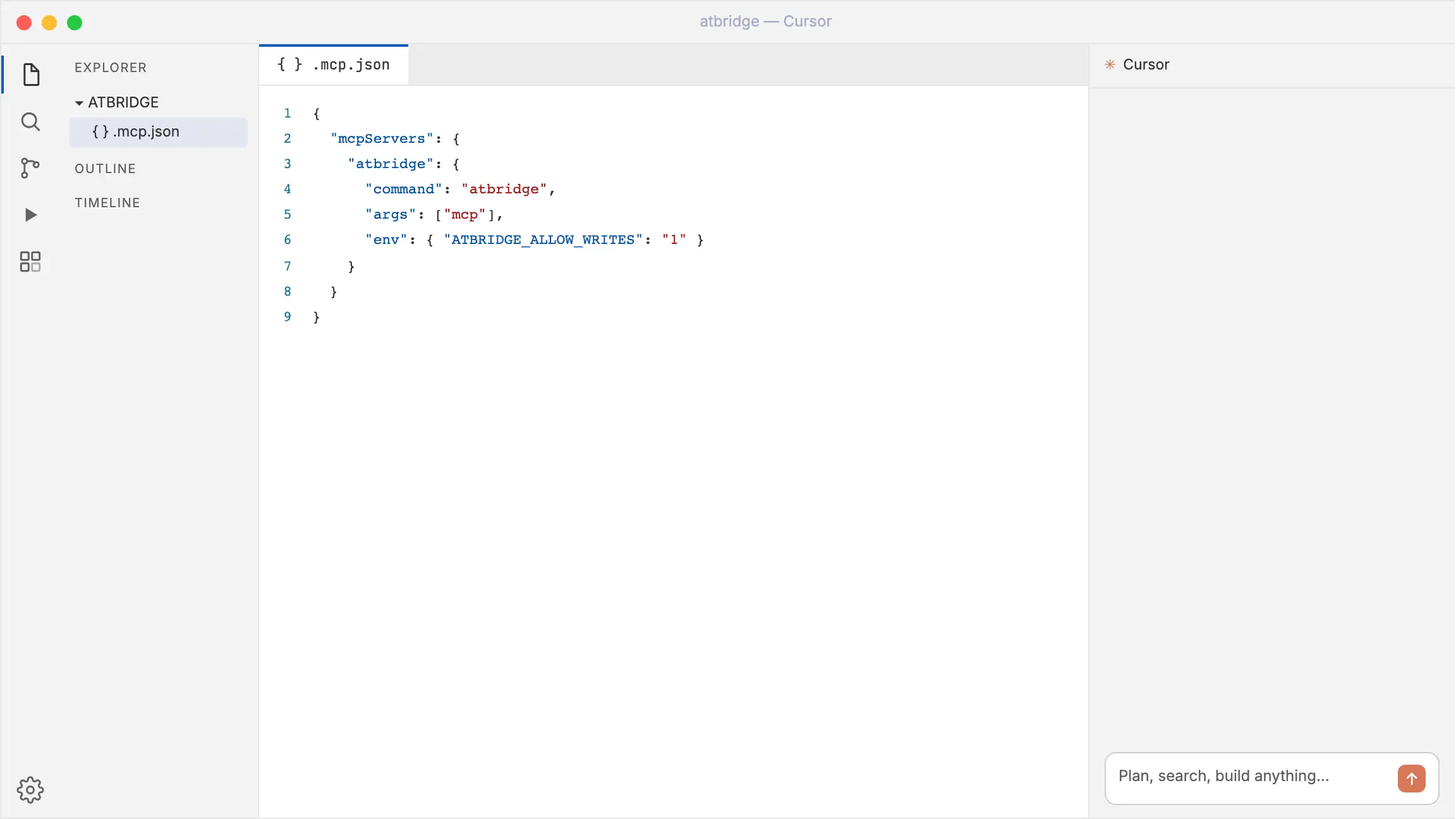 atbridge in Cursor (MCP): the assistant composes a branded progress-report email and opens it in Thunderbird.