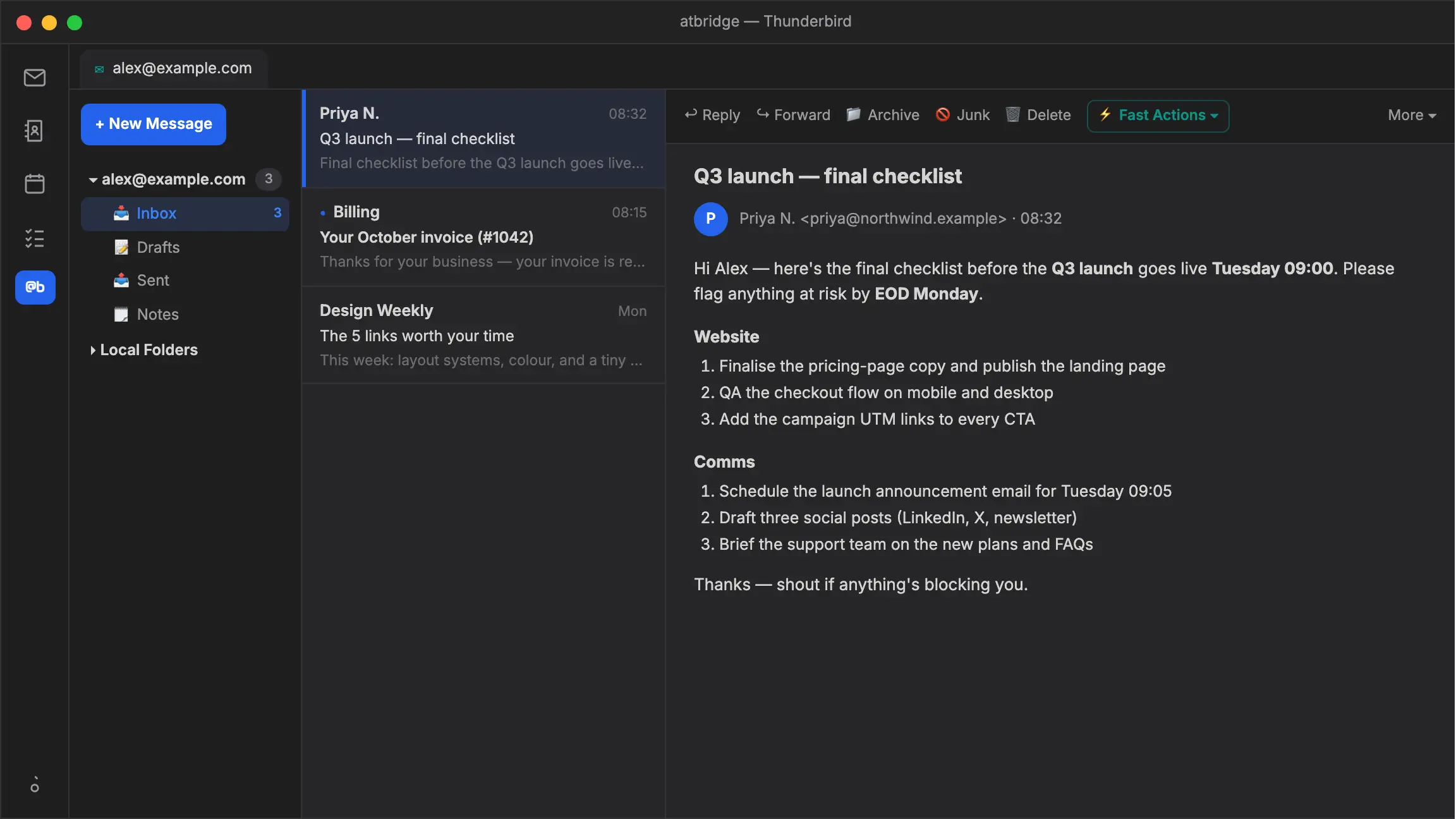 atbridge in Thunderbird: the Fast Actions menu on an open email saves it to @bridge Notes as a clean markdown note in one click.