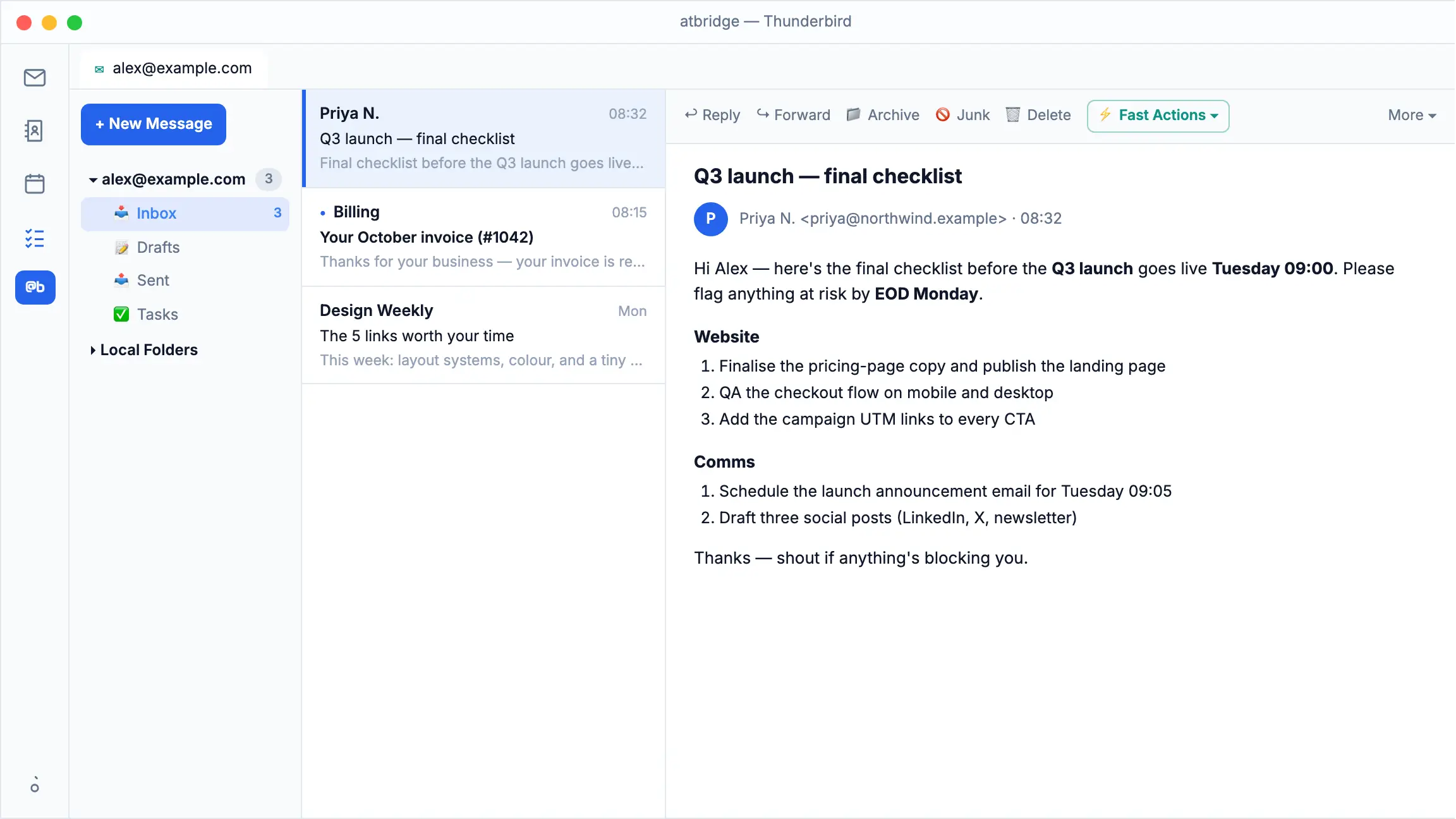 atbridge in Thunderbird: Fast Actions extracts the action items from an open email into a checklist, then creates them as Thunderbird tasks in one click.