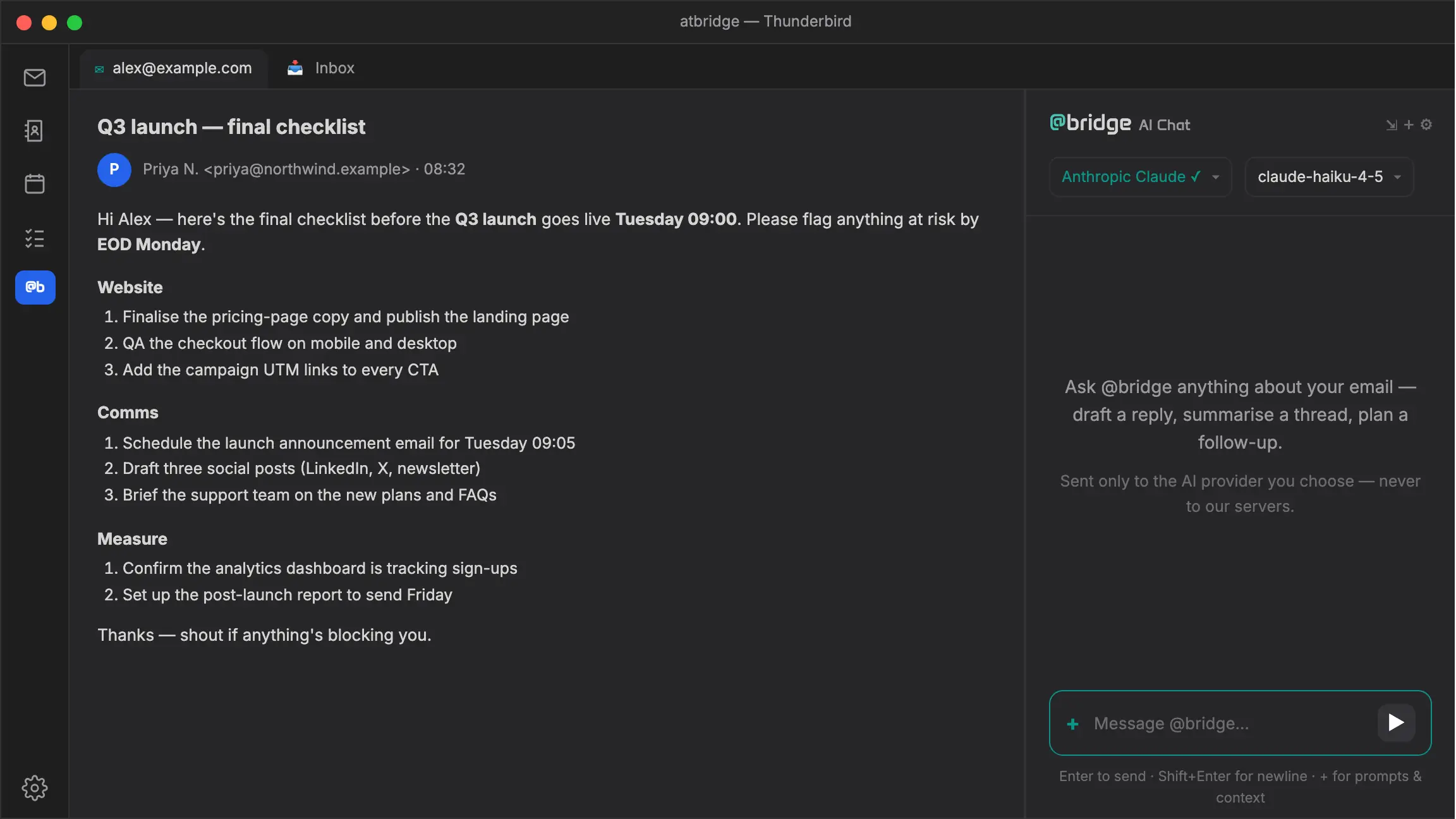 atbridge in Thunderbird: with an email open, the @bridge AI Chat dock opens the prompt library, picks "Summarise the open email", and returns a 3-point summary of what the sender wants, anything time-sensitive, and what to do.