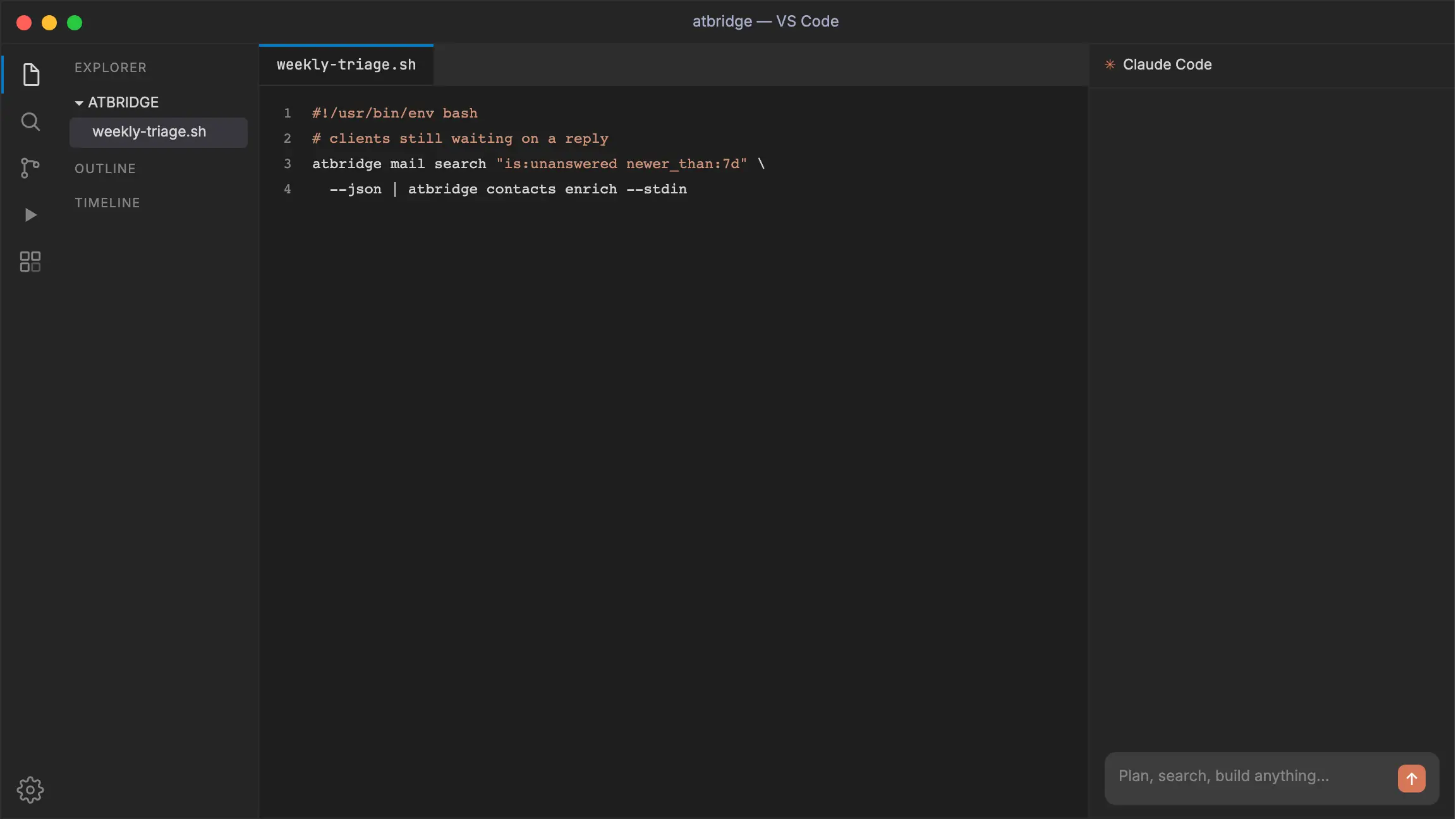 atbridge in VS Code: the Claude Code agent runs atbridge CLI commands (visible call logs) to find this week's unanswered client emails, then answers in plain language.