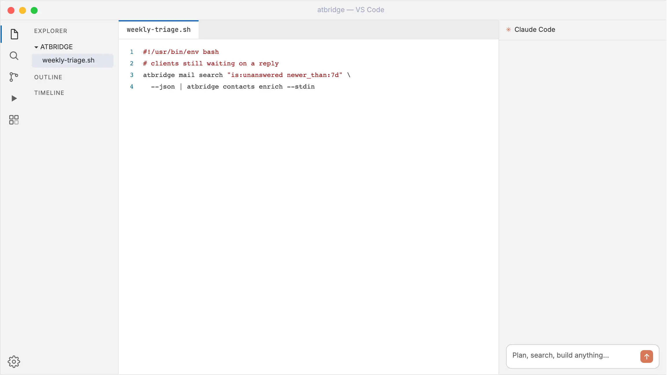 atbridge in VS Code: the Claude Code agent runs atbridge CLI commands (visible call logs) to find this week's unanswered client emails, then answers in plain language.
