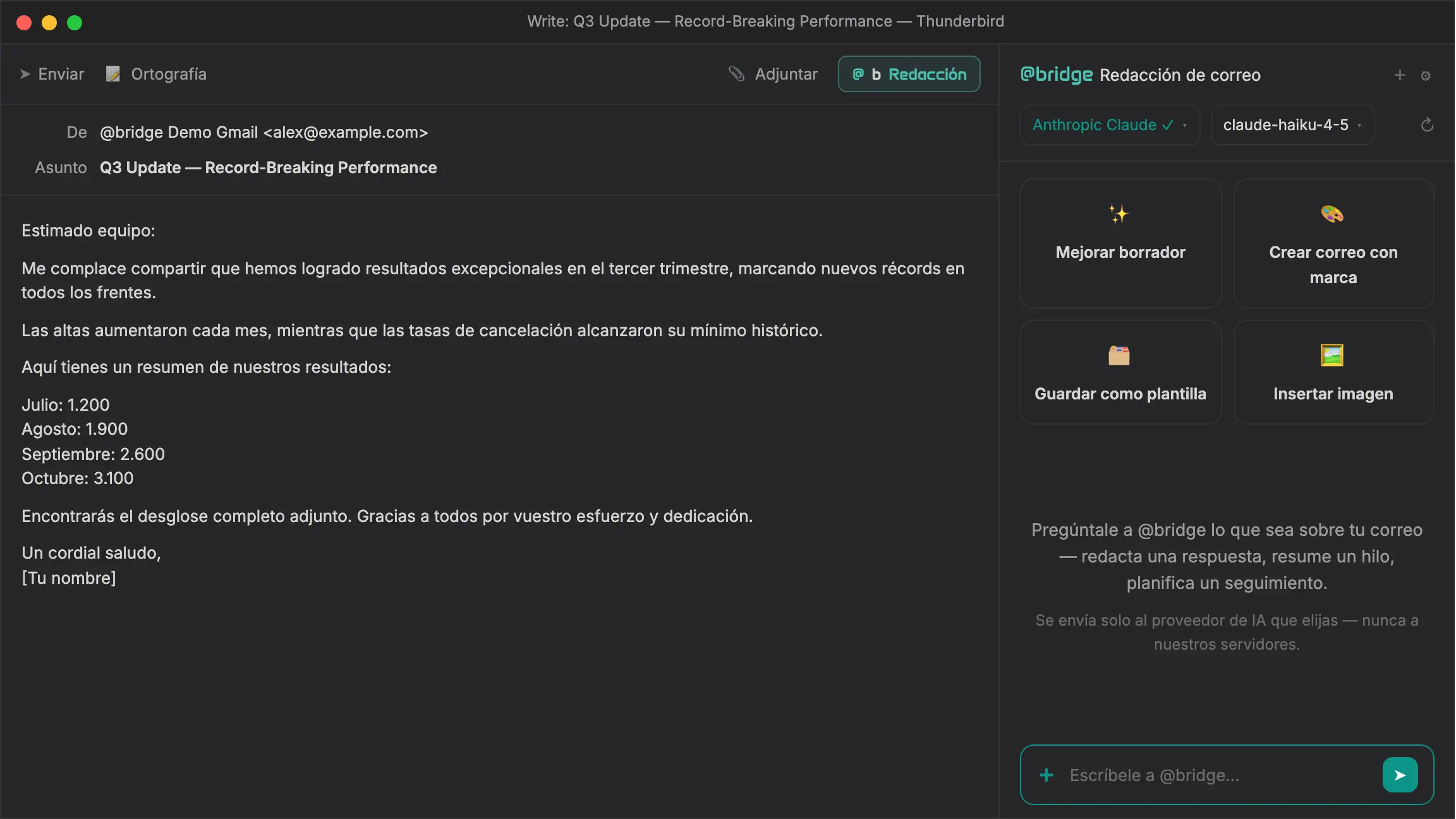 atbridge en Thunderbird: las cifras de un borrador se convierten en un correo HTML con tu marca y una gráfica real.