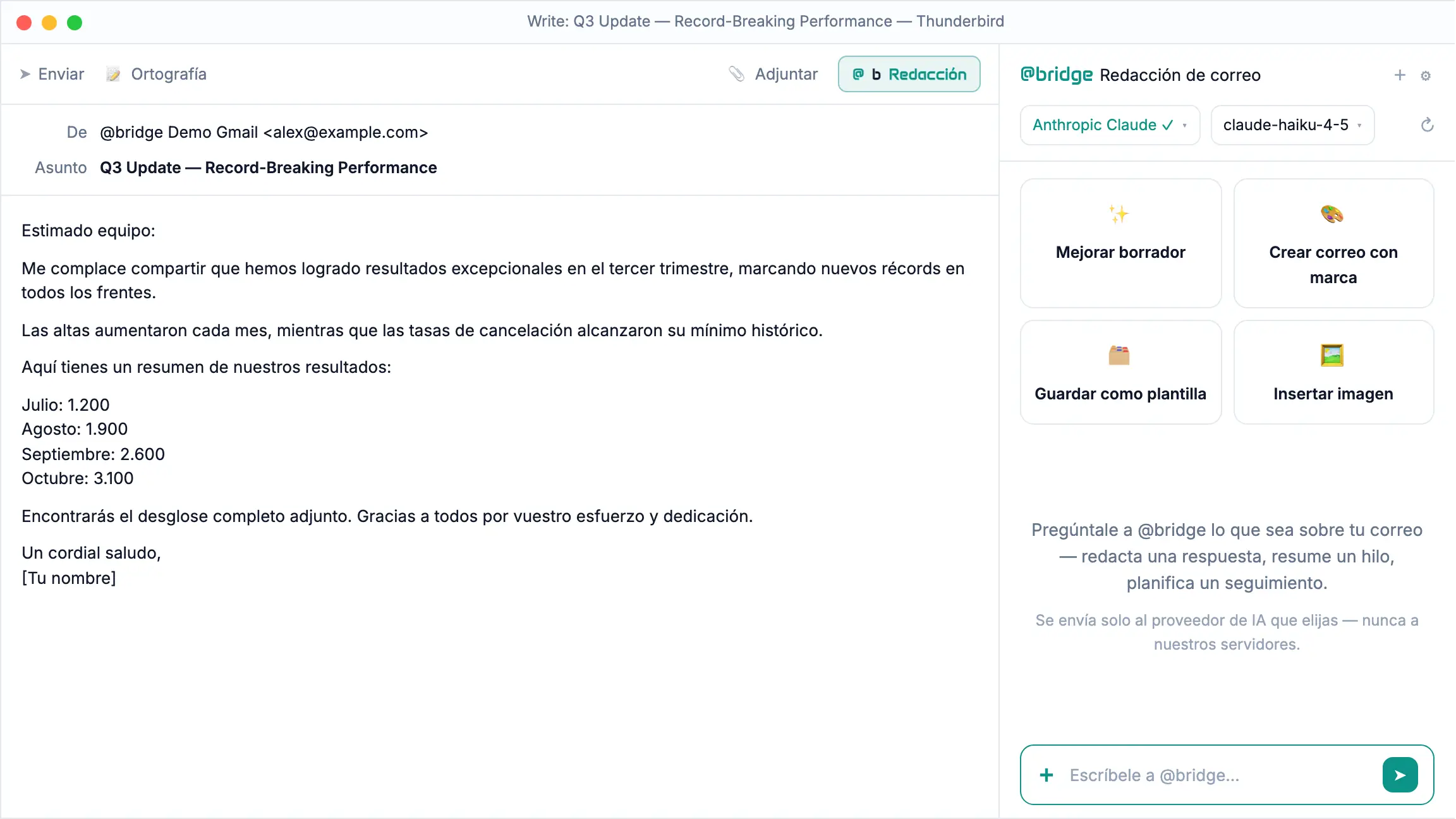 atbridge en Thunderbird: las cifras de un borrador se convierten en un correo HTML con tu marca y una gráfica real.