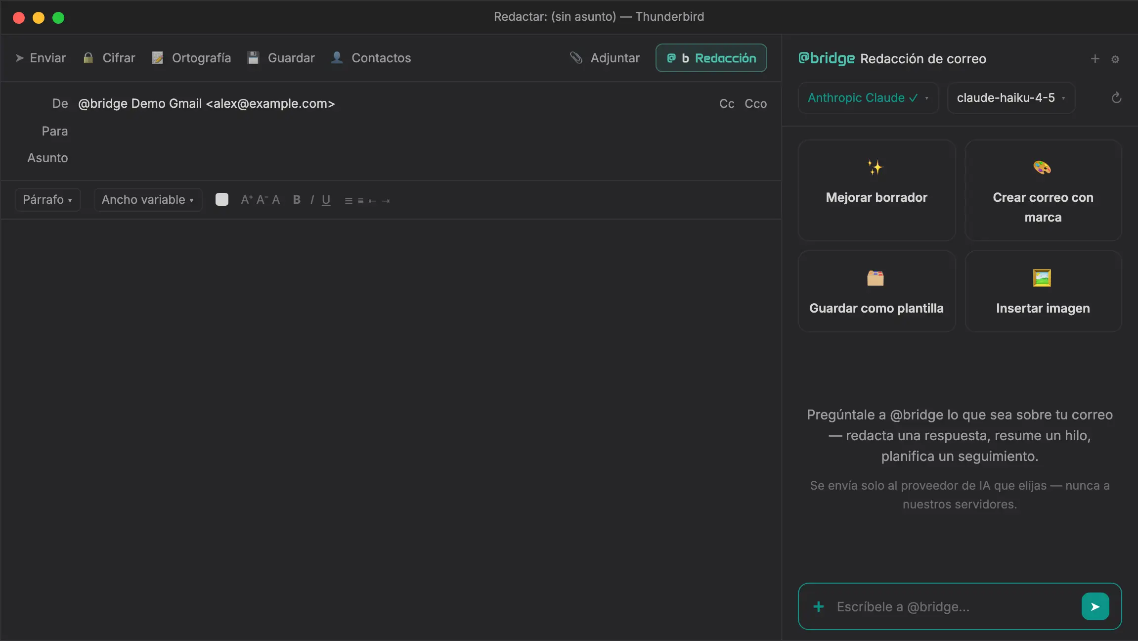 atbridge en Thunderbird: OpenAI convierte un borrador de correo tosco en un mensaje pulido con un solo clic, y luego cambia a un modelo local (Ollama) para pedir ideas.