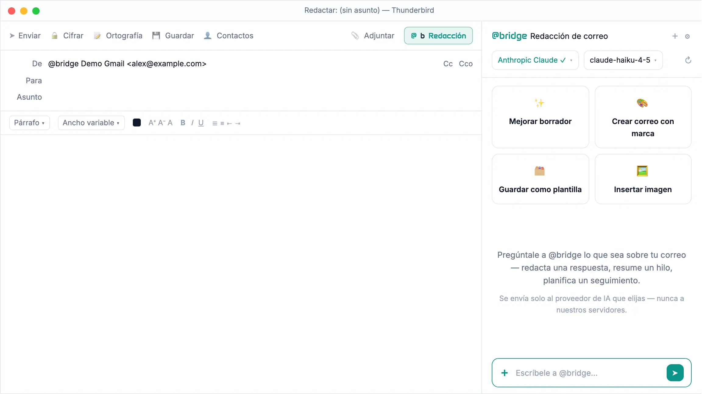 atbridge en Thunderbird: OpenAI convierte un borrador de correo tosco en un mensaje pulido con un solo clic, y luego cambia a un modelo local (Ollama) para pedir ideas.