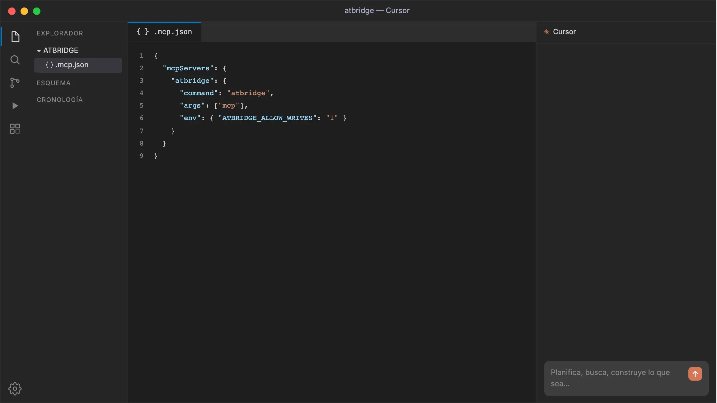 atbridge en Cursor (MCP): el asistente redacta un correo de informe de progreso con marca y lo abre en Thunderbird.