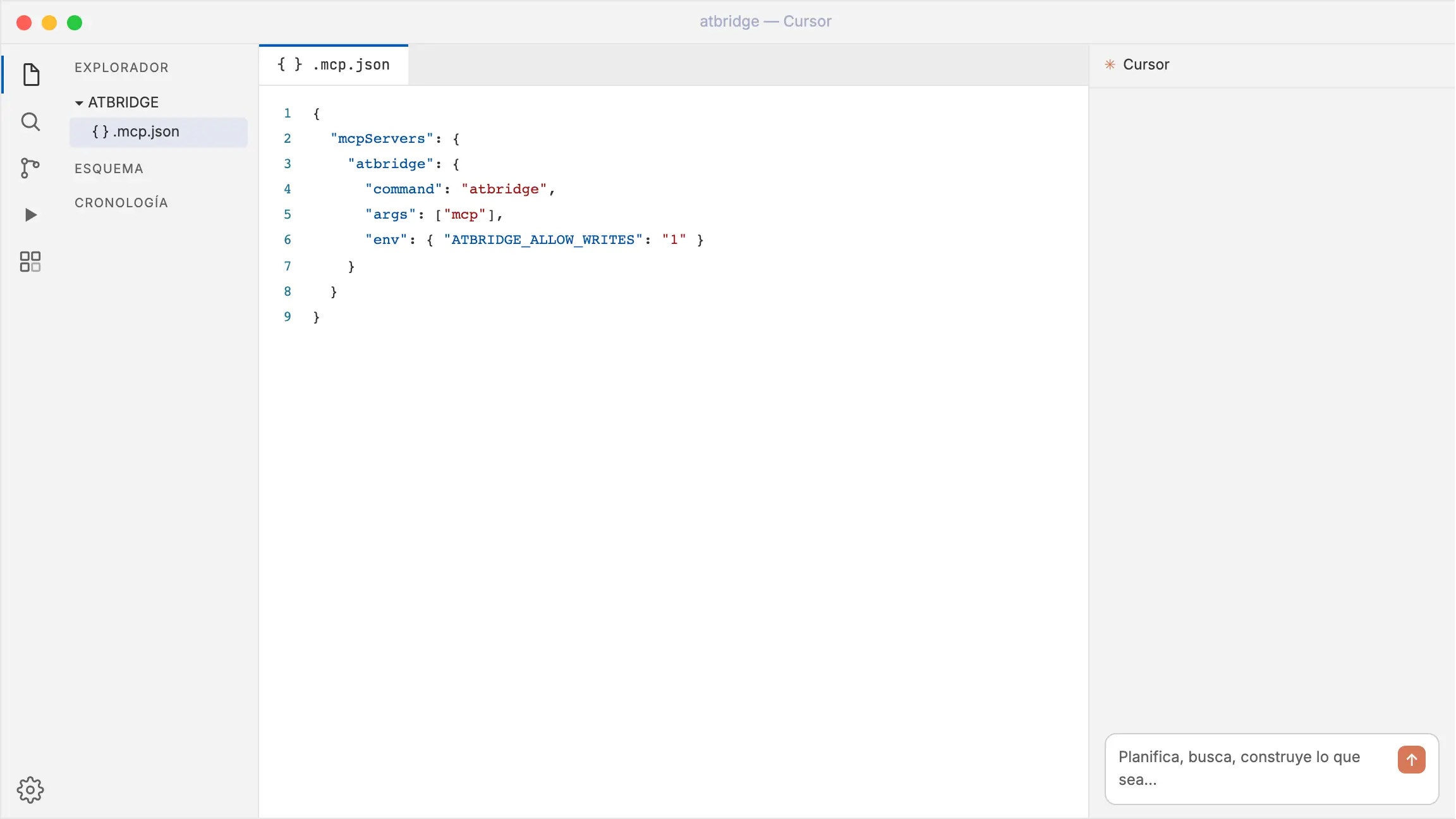 atbridge en Cursor (MCP): el asistente redacta un correo de informe de progreso con marca y lo abre en Thunderbird.