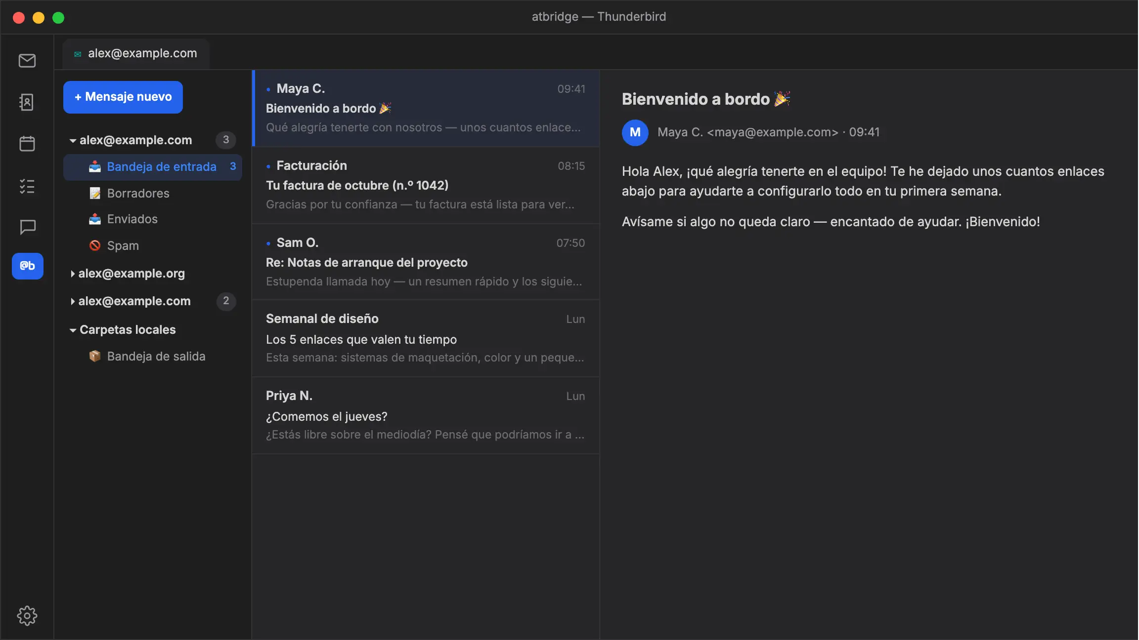 atbridge dentro de Thunderbird: el @bridge Chat IA elige un proveedor de IA y luego responde cuántos correos sin leer hay en cada buzón de varias cuentas.