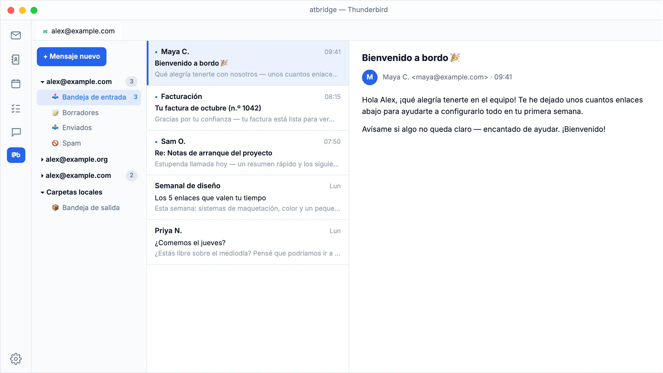 atbridge dentro de Thunderbird: el @bridge Chat IA elige un proveedor de IA y luego responde cuántos correos sin leer hay en cada buzón de varias cuentas.