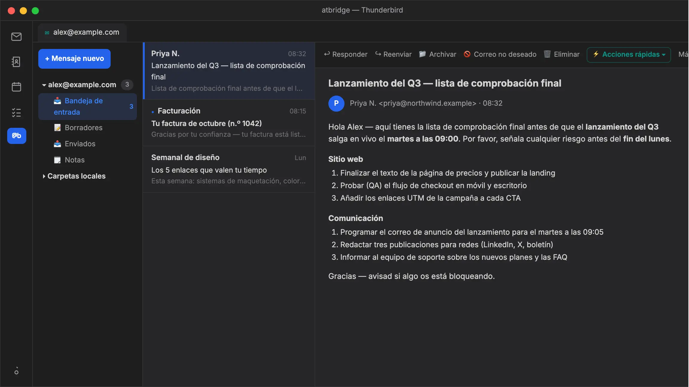 atbridge en Thunderbird: el menú de Acciones rápidas sobre un correo abierto lo guarda en @bridge Notas como una nota markdown limpia con un solo clic.
