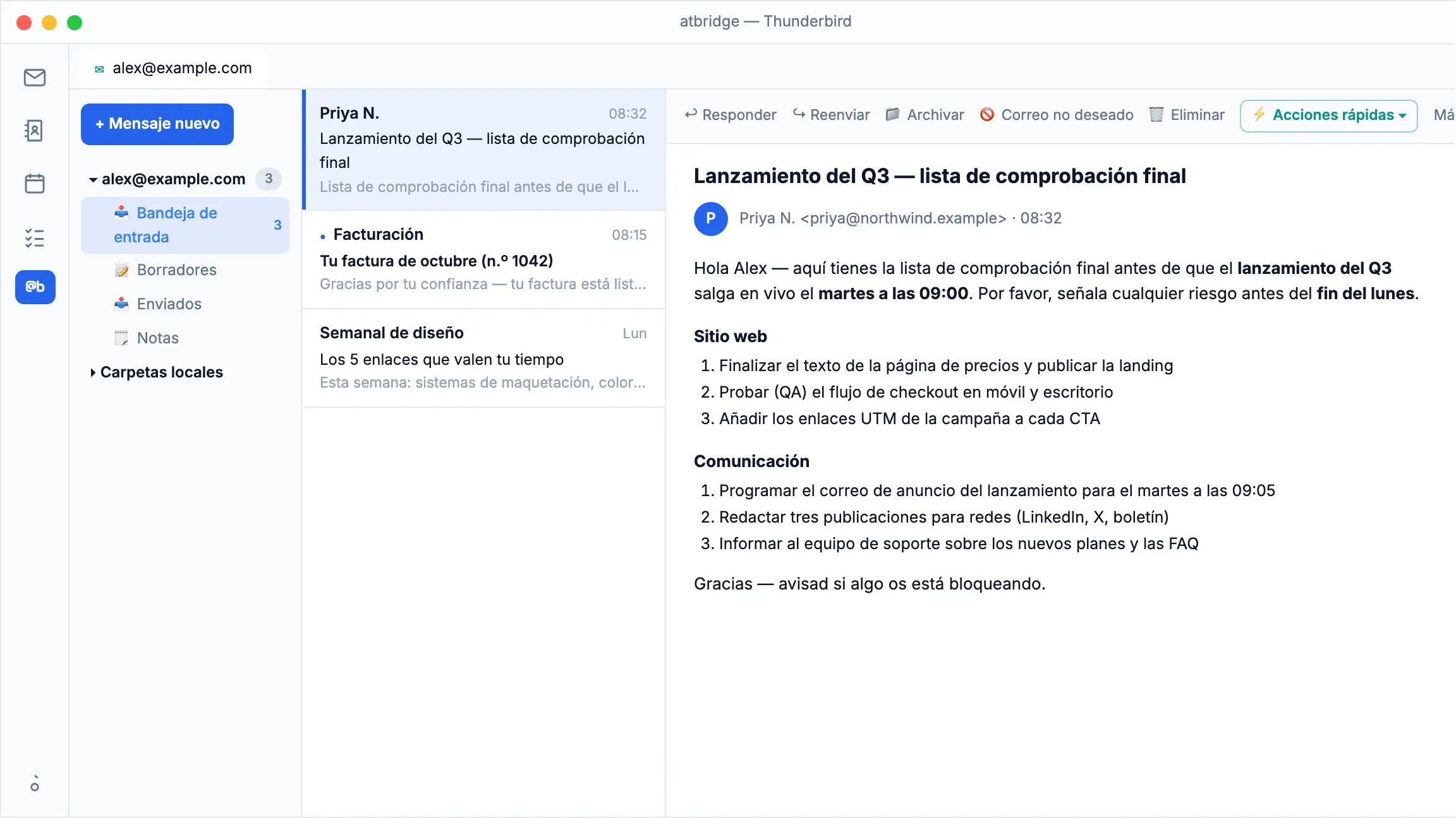 atbridge en Thunderbird: el menú de Acciones rápidas sobre un correo abierto lo guarda en @bridge Notas como una nota markdown limpia con un solo clic.