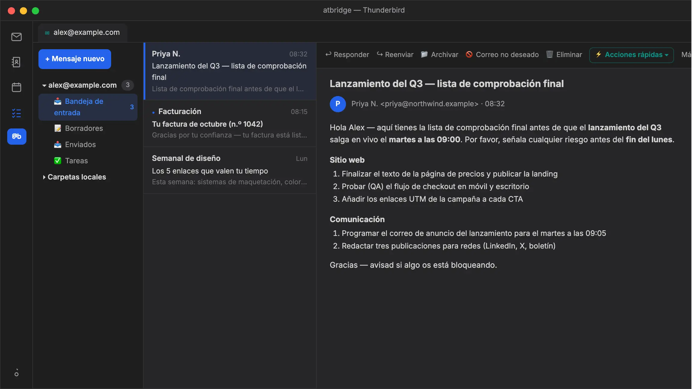 atbridge en Thunderbird: Acciones rápidas extrae las tareas pendientes de un correo abierto en una lista de verificación y luego las crea como tareas de Thunderbird con un solo clic.