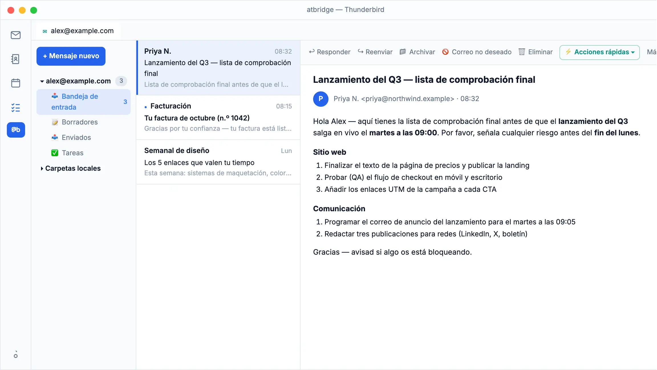 atbridge en Thunderbird: Acciones rápidas extrae las tareas pendientes de un correo abierto en una lista de verificación y luego las crea como tareas de Thunderbird con un solo clic.