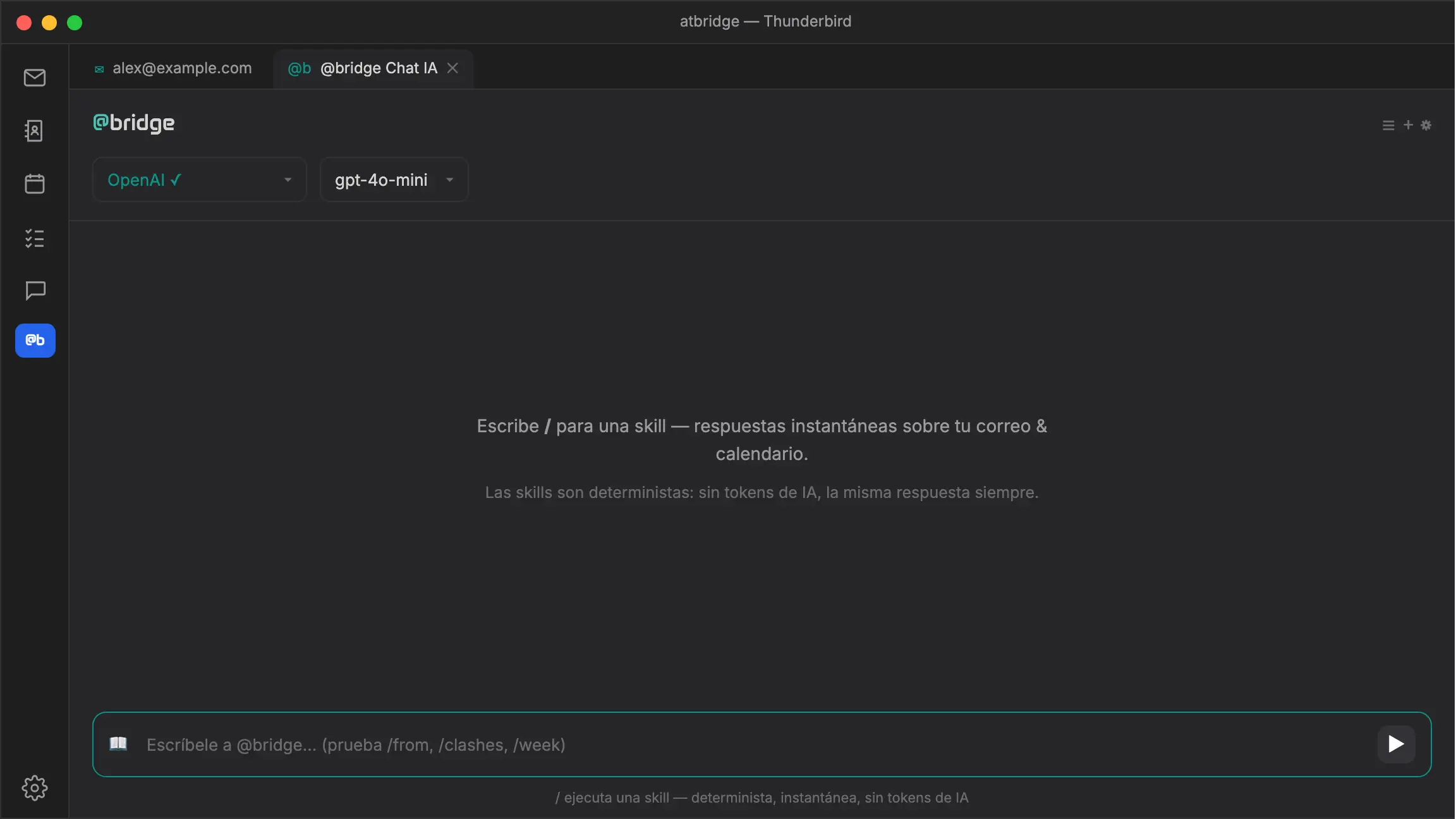 atbridge en Thunderbird: el Chat IA de @bridge ejecuta las skills /from y /clashes —comandos de barra instantáneos sobre correos y calendarios, sin gastar tokens de IA.