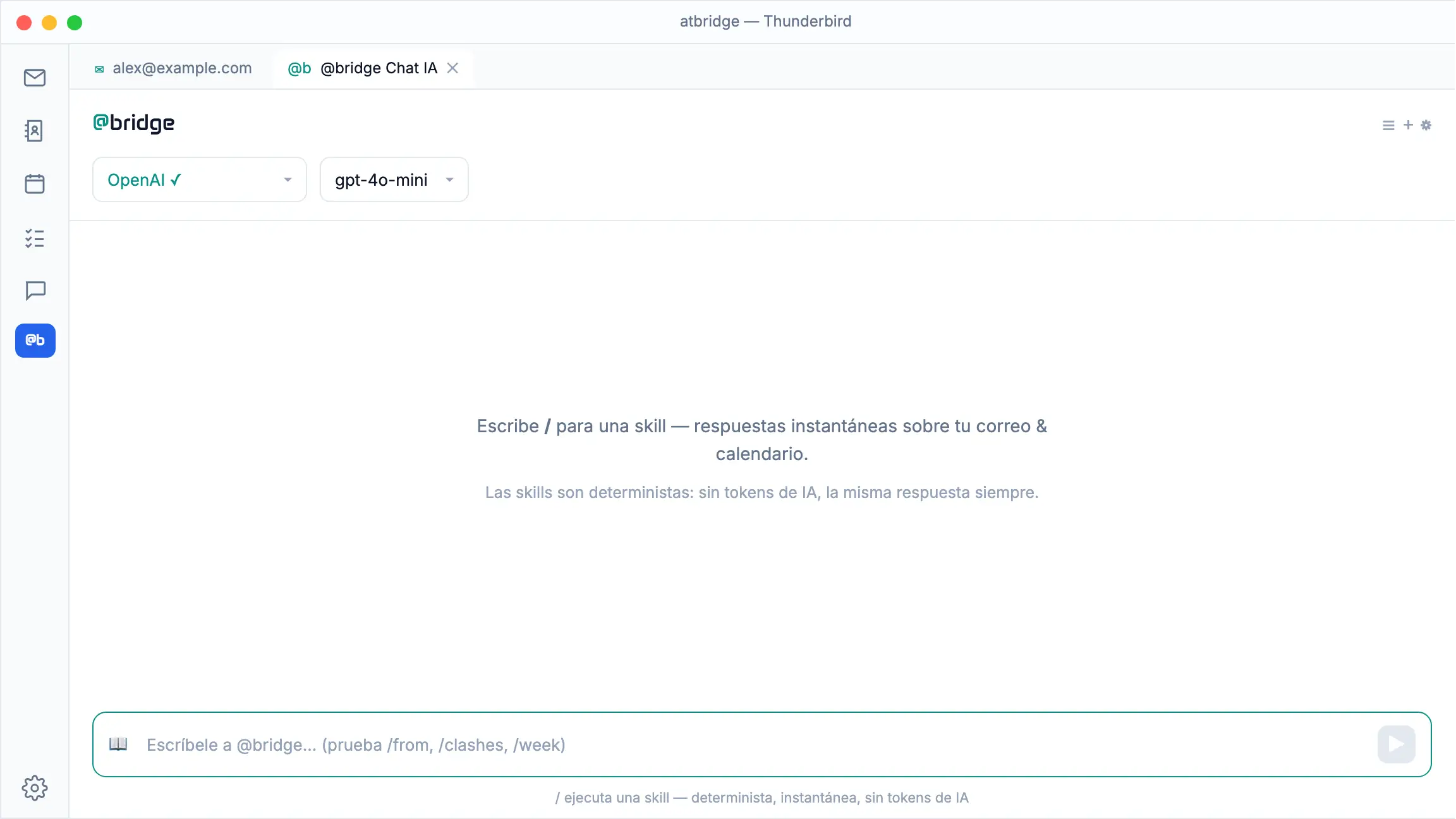 atbridge en Thunderbird: el Chat IA de @bridge ejecuta las skills /from y /clashes —comandos de barra instantáneos sobre correos y calendarios, sin gastar tokens de IA.