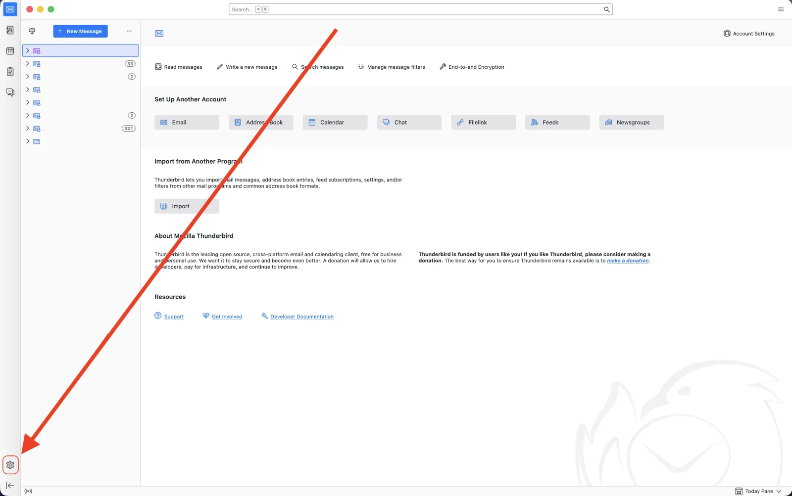 Installing the atbridge.ai add-on in Thunderbird — step 1 of 7: Open Settings