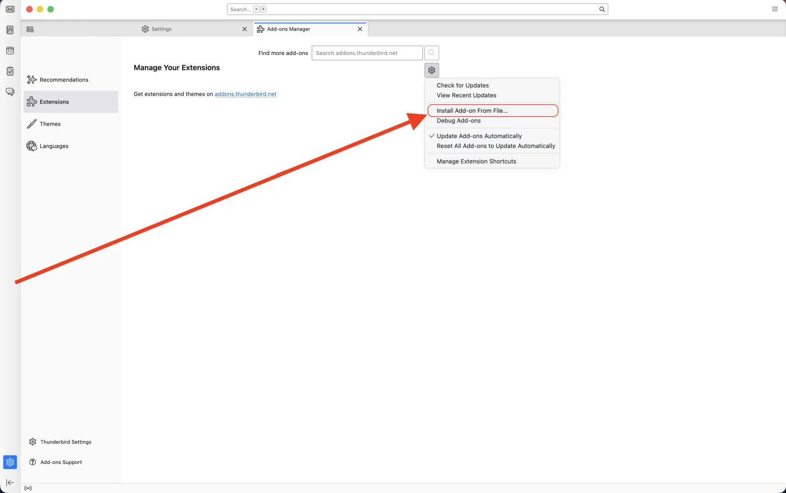 Installing the atbridge.ai add-on in Thunderbird — step 4 of 7: Click “Install Add-on From File…”