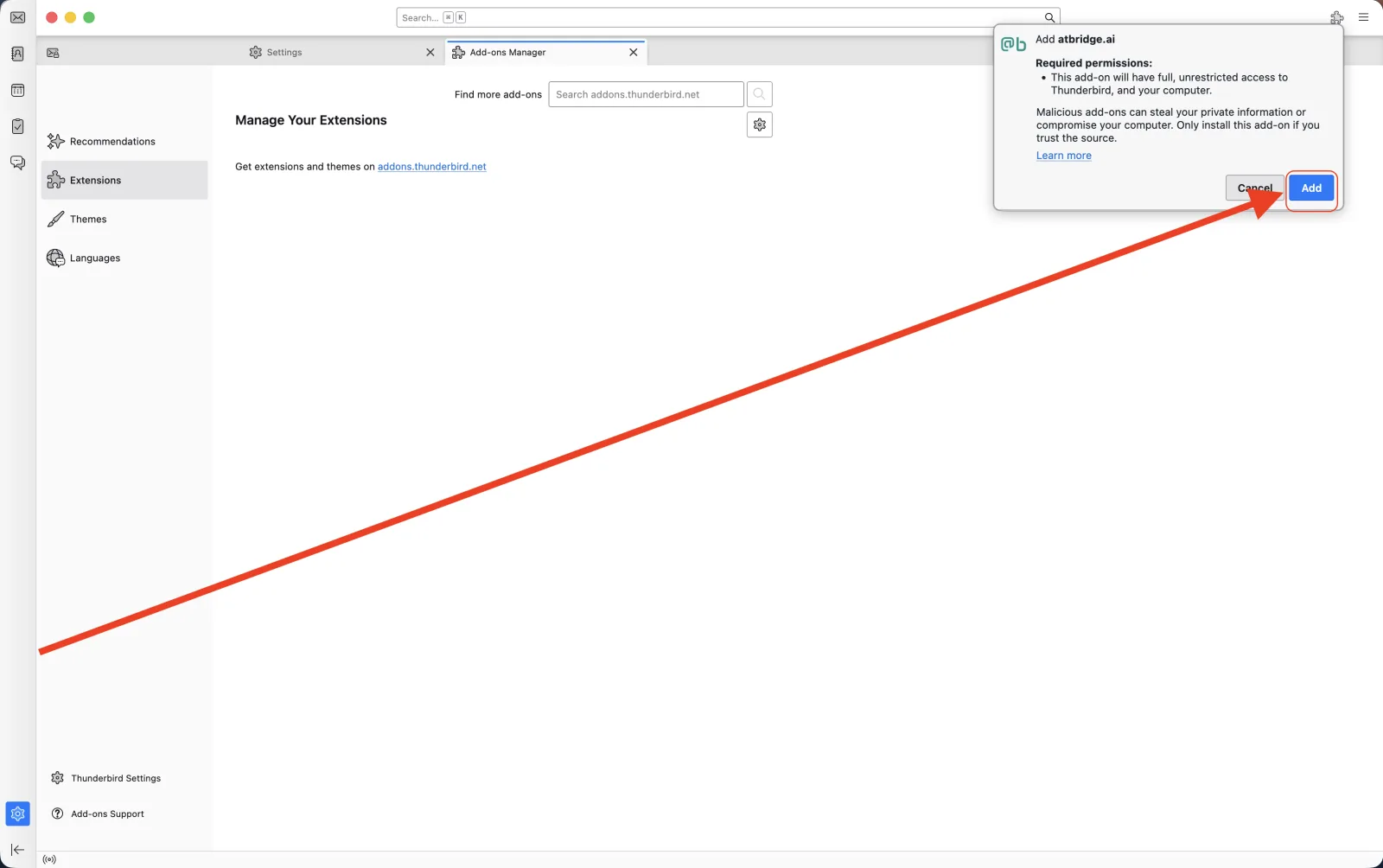 Installing the atbridge.ai add-on in Thunderbird — step 6 of 7: Click Add
