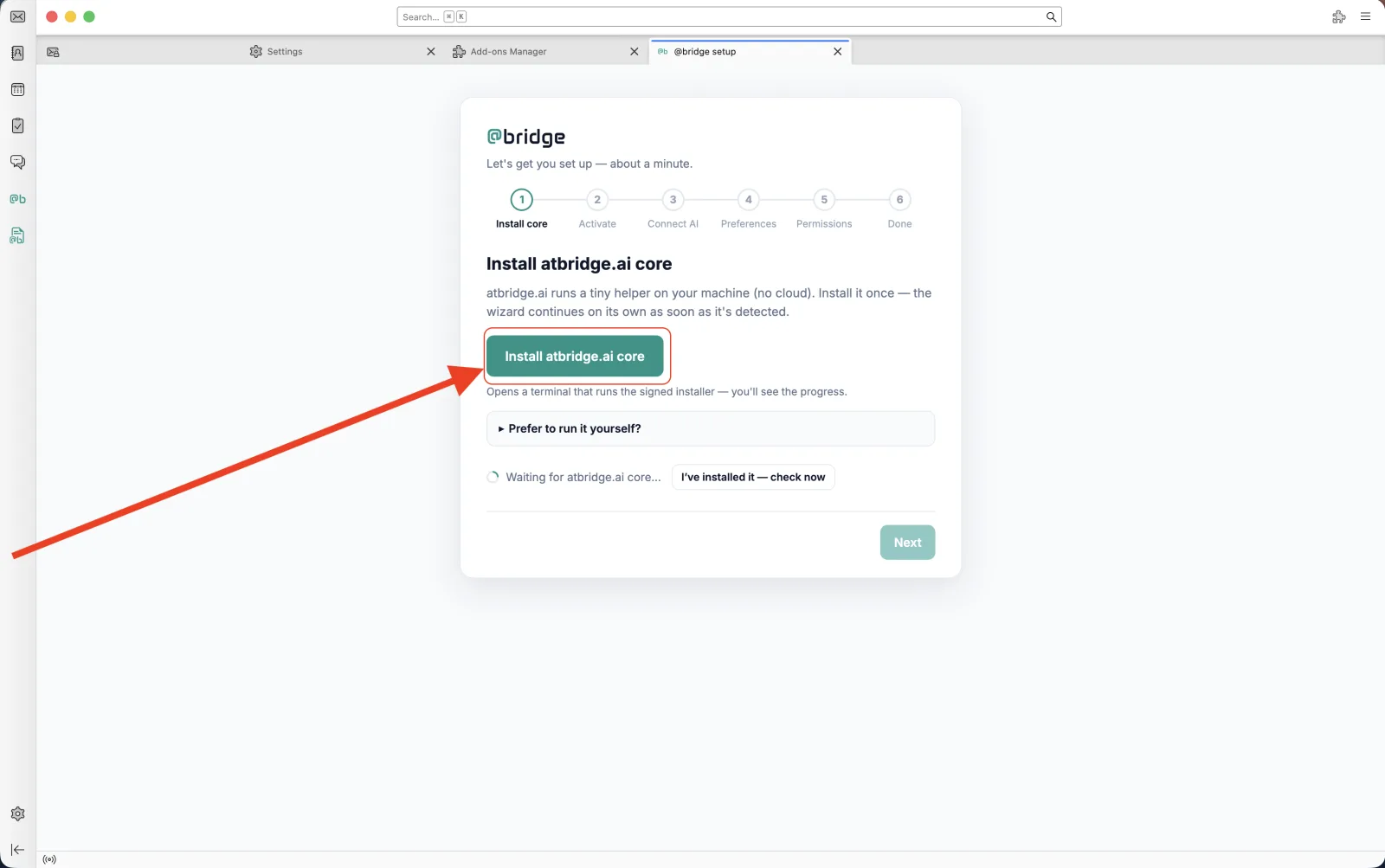Installing the atbridge.ai add-on in Thunderbird — step 7 of 7: Click “Install atbridge.ai core”, then follow the wizard’s instructions to finish setup